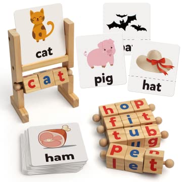 Coogam Wooden Reading Blocks Short Vowel Rods Spelling Games, Flash Cards Turning Rotating Letter Puzzle for kids, Sight Words Spinning Alphabet Learning Toy for Preschool Boys Girls