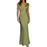 Halfisland Womens Summer Satin V Neck Cap Sleeve Backless Maxi Dress Elegant Twist Cut Out Midi Dresses Wedding Guest