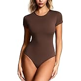 Mobeso Women's Double-Lined Round Neck Short Sleeve Bodysuit Seamless T-Shirt Body Suits Basic Tops for Women