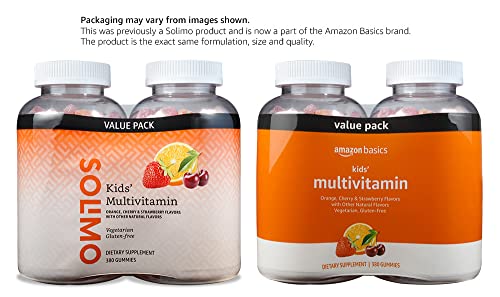 AMAZON BASICS KIDS’ MULTIVITAMIN GUMMIES, CHERRY, STRAWBERRY & ORANGE FLAVORS, 380 COUNT, 2 PACKS OF 190 (PREVIOUSLY SOLIMO)