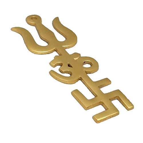 image for Divya Mantra Indian Traditional Trishul Om Swastika Pure Brass Yantra 
