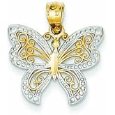 JewelryWeb 14k Yellow Gold Textured Polished and Rhodium Butterfly Angel Wings Charm 19x16mm Wide Pendant Necklace for Women