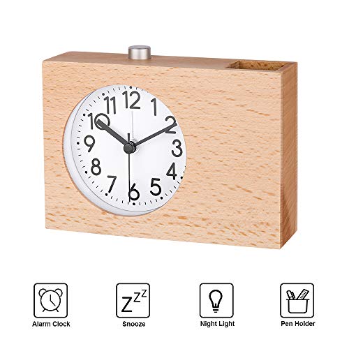 SkyNature Kids Alarm Clock, Pen Holder Clock with Snooze & Night Light, Silent Non-Ticking Battery Operated Wooden Desk Clock for Girls Boys Students - Burlywood, 6 Inch