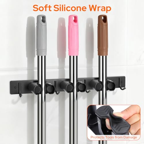Alyvisun Broom and Mop Hanger 3 Slots and 4 Hooks, Broom Holder Wall, Broom Holder Wall for Bathroom, Home, Garage and Garden Brushes – Black