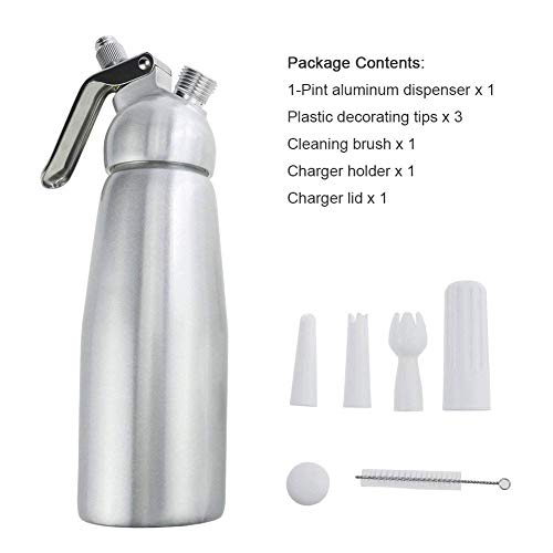 Professional Whipped Cream Dispenser Large 500ml/1 Pint Capacity Canister with 3 Various Nozzles, Cleaning Brush