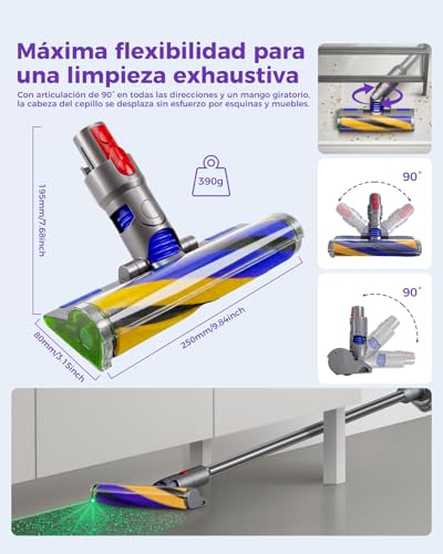Cabezal de limpieza V15 Fluffy Optic para Dyson V15, V11, V10, V8, V7 – Detección de polvo con luz verde, accesorio de rodillo suave para suelos de madera | Luz verde revela el polvo, articulación de 90°, cepillo suave protege suelos, solo 390 g, cepillo extraíble y lavable