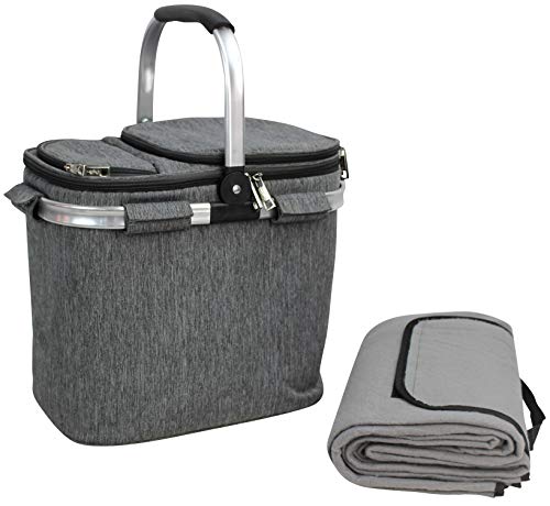 Picnic Basket for 2 Beautiful Insulated Tote Bag Kit Insulated Lunch Tote for Women & Men Picnic Backpack Camping Tableware Set and Waterproof Blanket | Aluminum Frame and Handle | Collapsible Cooler