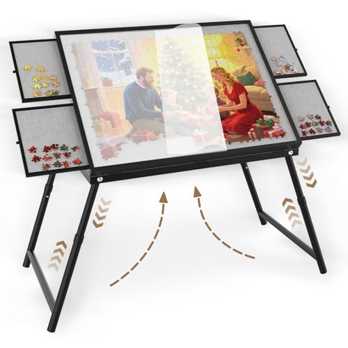 Puzzle Table 1500 Pieces, 3-in-1 Foldable Jigsaw Puzzle Table with Cover – 18” & 28” Height, 5 Angle Tilt, Metal Frame, Portable Puzzle Table with Drawers and Legs for All Ages