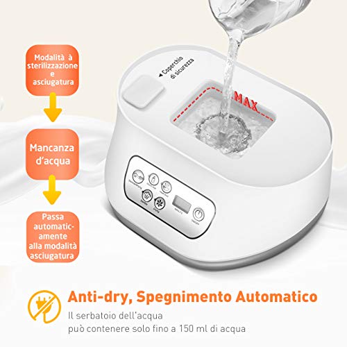 Sterilizzatore Biberon, a Vapore Elettrico&Asciugatura, Multifunzionale 6 In 1, Per 6 Biberon, Spegnimento Automatico, LCD Touch-Screen, Controllo Tempo Preciso