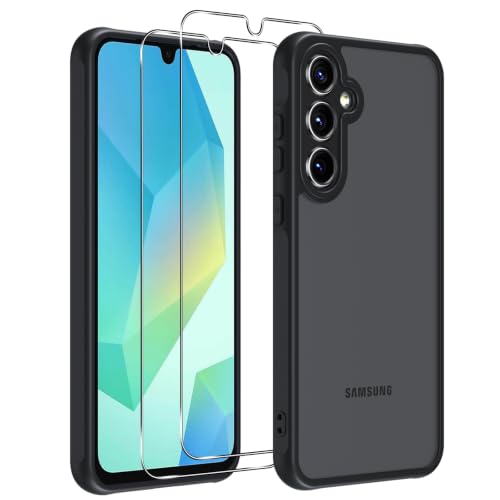 Vauki Matte Case for Samsung Galaxy A16 5G with 2 Tempered Glass, Translucent Shockproof Military Rear Protection Cover, Anti-Scratch Anti-Yellow Hard Frosted Case with Camera Protection, Black