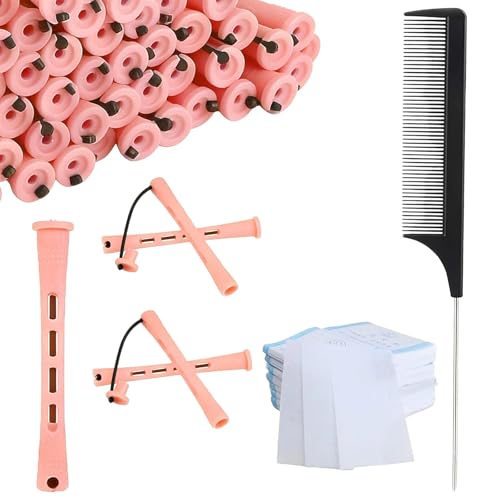 61 PCS Perm Rods Kit, 30 Orange 0.51 Inch Perm Rods with 30 Perm Papers & Rat Tail Comb, Hair Curlers Set for Short & Long Hair Styling