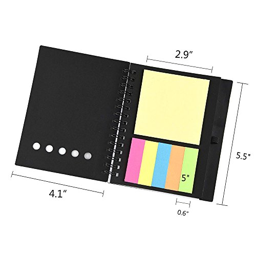 Coopay 4 Pack Spiral Notebook Journal Notepad with Pen in Holder and Sticky Notes, Page Marker Colored Index Tabs Flags (Black and Brown Cover)