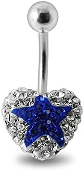 Blue Star On Clear Mutli Preciosa Crystal Stone Heart with Surgical Steel14G Belly Rings