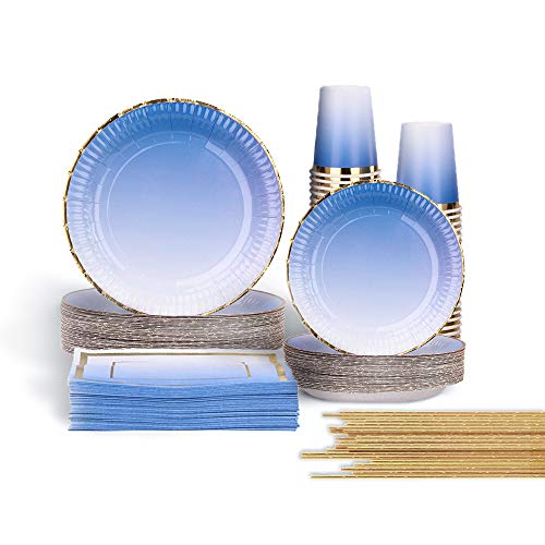 Ottin Ombre Royal Blue Party Supplies Paper Plates and Napkins Set 50-counts Include Disposable Paper Napkins/Cups/Plates/straws for Birthday Wedding Color Themed Party Bridal Shower