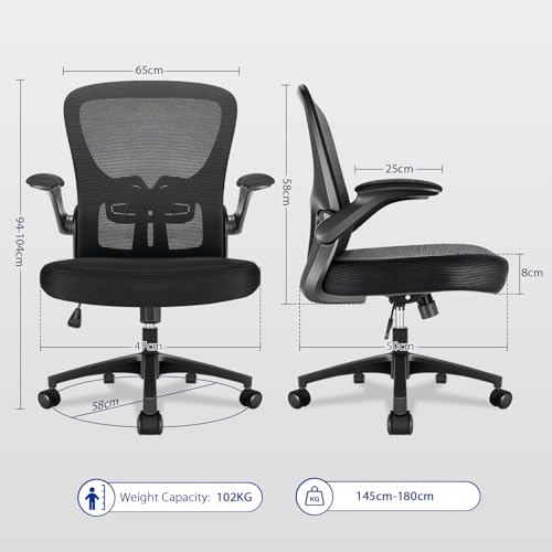 Durrafy Ergonomic Office Chair, Mesh Desk Chair with Adjustable Lumbar Support & Flip-Up Arms, Height Adjustable Swivel for Home Office, Mid Back with Castors, Black