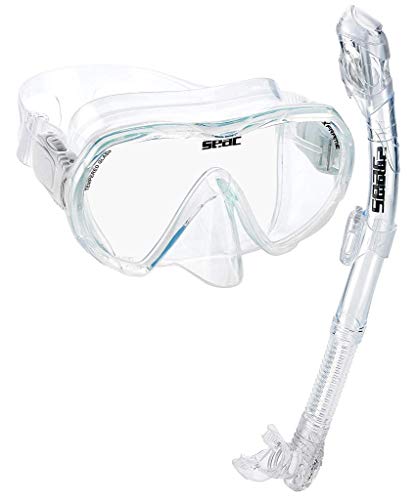 SEAC Frameless Snorkel Set for Men and Women | Comfortable Adjustable, Frameless Mask Made from Clear Tempered Glass | Dry Snorkel with Bottom Purge Valve | Snorkeling and Freediving Gear - Clear