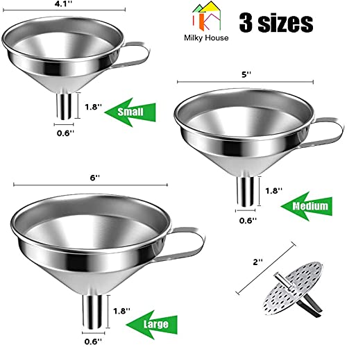 Large Funnels 3 Pack Set, Metal Stainless Steel Funnels with 3 Pack
