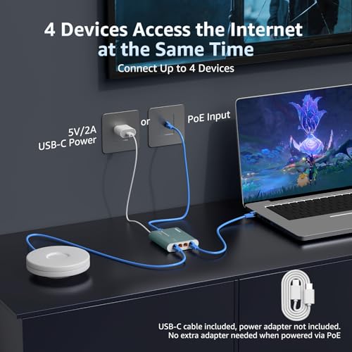 Ethernet Splitter 2.5G 1 to 4 with PoE Input, High Speed 2.5G RJ45 Internet Splitter with Aluminium Shell, VLAN Port Isolation, PoE/USB-C Powered, USB-C Cable Included, Network Splitter