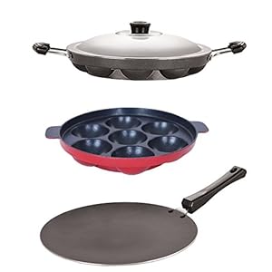 Nirlon Non-Stick Stain Free Aluminium Appam and Tawa Combo Kitchen Item Set, 2.6mm_CT12_AP(7)_AP(12)