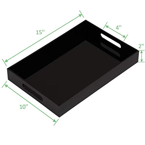 Glossy Black Sturdy Acrylic Serving Tray With Handles - 10x15 Inch for Coffee, Appetizer, Breakfast, Butler - Kitchen Countertop, Makeup Drawer Organizer, Vanity Table, Ottoman, Decorative