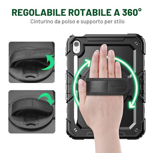 SEYMAC Case for iPad (A16) 11th/10th Generation (11/10.9 inch, 2025/2022), Shock Resistant with Screen Protector, 360° Rotating Stand, Pen Holder, Shoulder Strap, Black