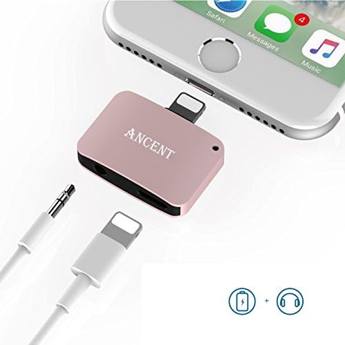 2 in 1 Lightning Splitter Adapter for iPhone 7/7 Plus,Ancent Lightning to Aux Audio Headphone and Charge Cable Splitter Compatible for iOS 10.3-Rose
