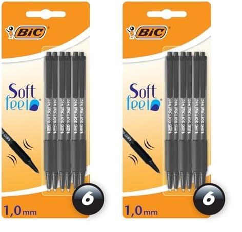 Bic Soft Feel Ballpoint Pens, Retractable Pens, Ideal for School and Office, Medium Point (1.0mm), Black, Pack of 12