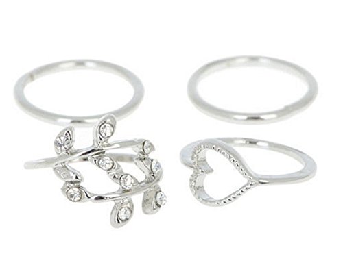 4-IN-1 Gold/Silver Plated Urban Leaf Row Chain Above Knuckle Band Top Finger Midi Finger Ring (Silver tone)