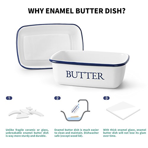 SveBake Butter Dish - Enamel Butter Boat Unbreakable Butter Keeper Container with Airtight Plastic Lid for Kitchen, White - Thumbnail 2