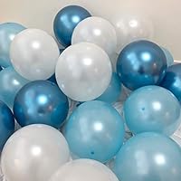 Blue Balloons 12" Party Balloons Blue and White Latex Balloons Birthday Balloons Baby Shower Balloons Wedding Balloons 60 Pcs Pack-White,Pearl Blue,Metallic Blue Balloons with Ribbon