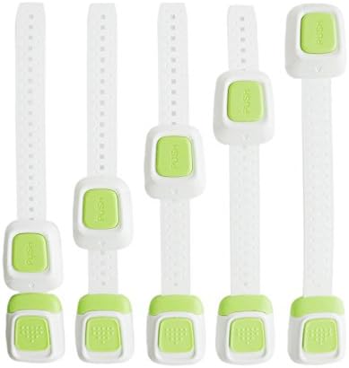 Baby Safety Locks, Anti-gripper Fridge, Drawers, Cabinets, Toilet Seat, Oven and Appliances Lock, Extra 3M Adhesive with Adjustable Strap and Latch System (5-Pack Green)