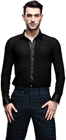 Men Professional cambric Pure Color Long Sleeves Lapel Collar Slim Modern Dance Latin Ballroom Square Dance Shirts (L, Black)