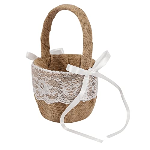 Photo 1 of Burlap Wedding Flower Girl Basket Vintage Flower Basket Jute Roses Rustic Wedding Flower Girl Basket With Lace Satin Wedding Party Decoration (Lace-1pc)