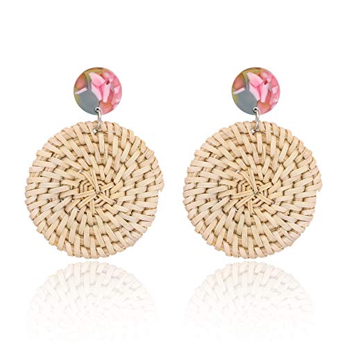 MOLOCH Rattan Earrings Handmade Lightweight Straw Wicker Braid Woven Drop Dangle Earrings Acrylic Resin Disc Statement Stud Earring (Disk Floral)