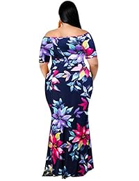 Akmipoem - Vestido largo de manga corta con estampado floral y hombros descubiertos para mujer