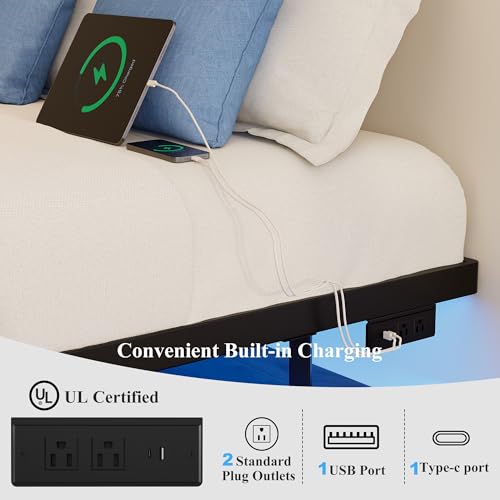 Floating Bed Frame King Size with Smart LED Lights and Charging Station, Heavy Duty Modern Metal Platform Bed No Box Spring Needed - Easy Assembly and Noise Free