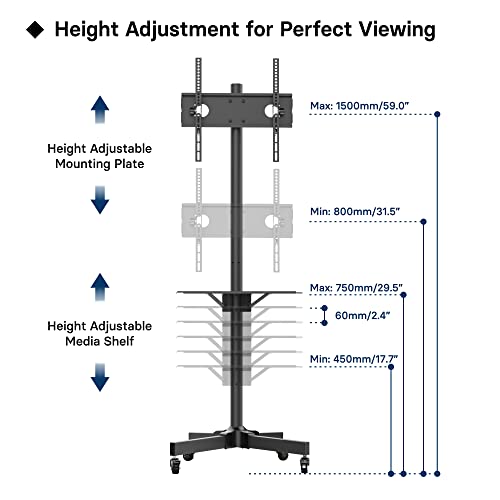 BONTEC Tilt Rolling TV Stand, Mobile TV Stand with Locking Wheels for