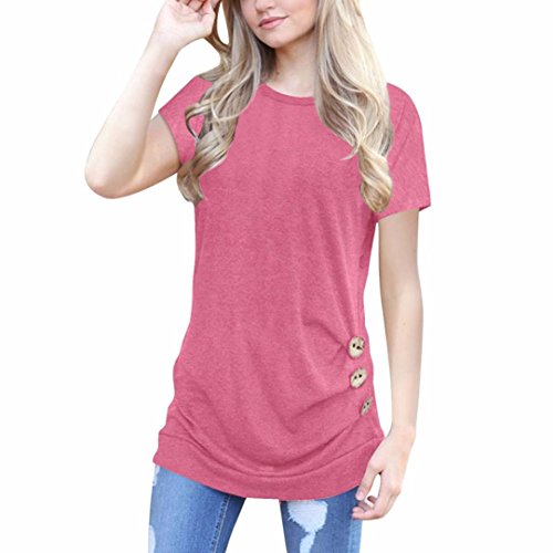 Click Here to See More Images Neartime Women Loose Button Trim Blouse Ruched Top Solid Long Sleeve Round Neck Tunic T-Shirt (â¤ï¸AsianM, Pink)