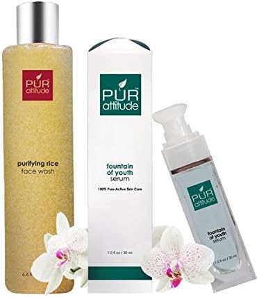 PUR attitude Start to Glow Duo Set - Purifying Rice Face Wash (6.6 oz) and Fountain of Youth Hyaluronic Acid Serum (1.0 oz) for anti-aging and glowing skin