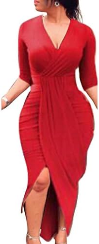 Women's Long Sleeve V Neck High Low Ruched Bodycon Midi Casual Party Wrap Dresses