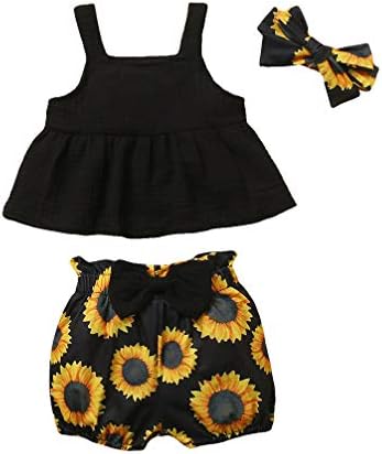 Toddler Child Lady Halter Ruffle Tank High Outfits Sunflower Shorts Headband Set