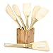 Neet Unshaved Organic Bamboo Cooking Utensils - 7 Piece Set Utensil Holder Organizer - Rice Paddle - Wooden Cooking Spoon & Spatula Kitchen Unique Wood Gift Idea