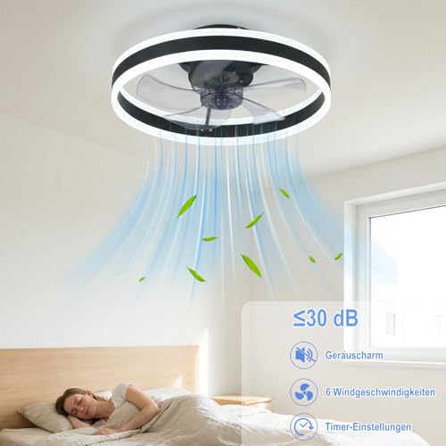 Ceiling Fan with Lighting, Fan Ceiling Light, 3 Colour Temperatures and 6 Speeds LED Ceiling Fan with Lamp, APP/Remote Control, Quiet Dimmable Fan, Ceiling Light (Black, 50 cm)