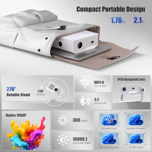 2026 Smart Projector Built-in-Apps, Android TV, Supported 4K/Native 1080P, 300 ANSI, Wifi 6 Bluetooth 5.2, Portable Mini Movie Projector for Bedroom Home, Auto Keystone, iOS/Switch/PS5