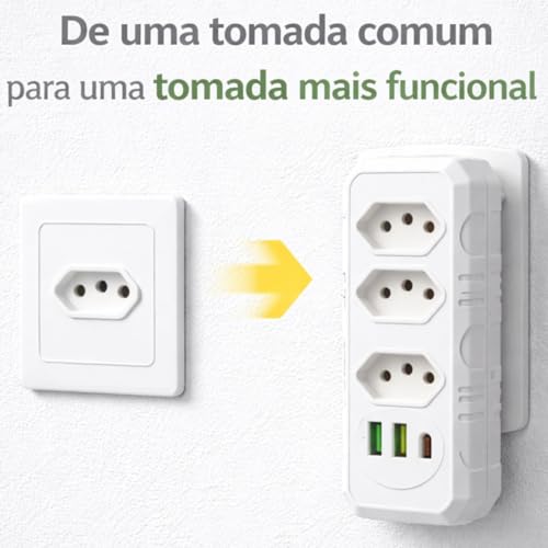 Extensão Elétrica/Benjamin com 3 Tomadas, 2 USB + USB-C – Régua de Energia e Adaptador de Tomada Premium
