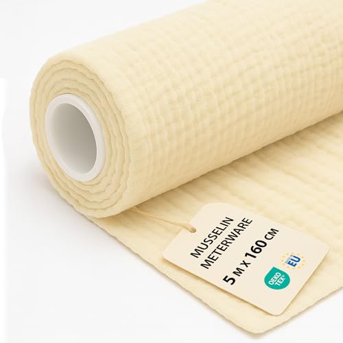 Muslin Fabric by the Metre 5 m x 160 cm – Fabrics for Sewing Patchwork Decoration and Crafts Ideal for Creative Sewing Projects and Home Clothes Costumes Oeko-Tex Light Beige