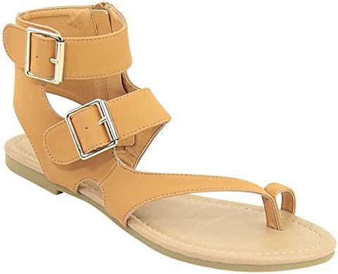 New Womens Strappy Roman Gladiator Sandals Flats T Strap Thongs Shoes (8.5, TanHoldr)