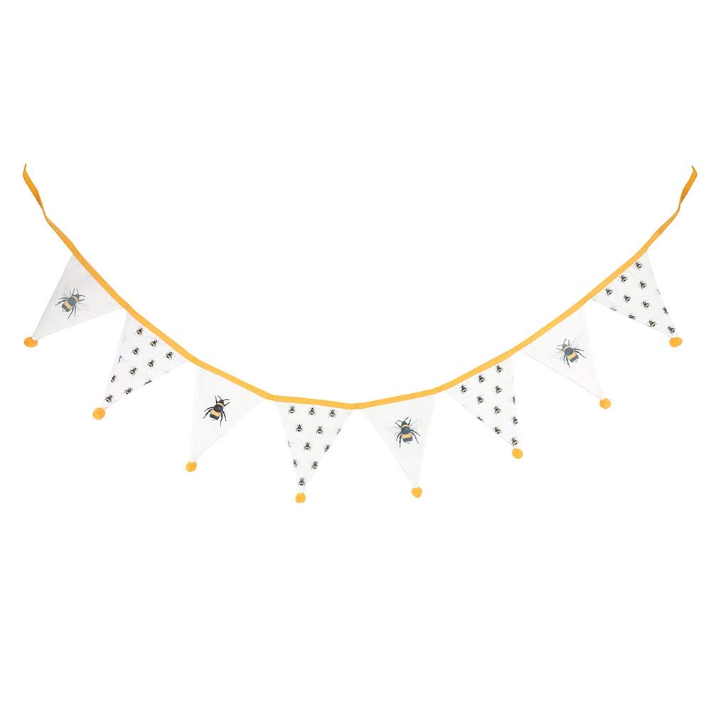 Whimsical White Alternating Bee Print Fabric Bunting - 18cm x 15cm (1 Pc.) - Cheerful Design with Yellow Pompom Accents, Perfect for Brightening Indoor or Outdoor Spaces