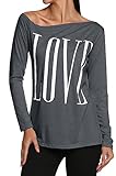 Women's Fashion Long Sleeves Shirts Off Shoulder Love Letter Top Blouse Pullover (L/US8-10, Grey)