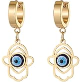BlingNuts Hamsa Hand Evil Eye Earrings Stainless Steel Blue White Evil Eye Hoop Earrings Lucky Protection Amulet Jewelry Dangle Huggie Earrings for Women